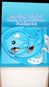 Yoji Baby Whale Silicone Feeding Weaning Set for Baby Kids Suction Plate Spoon Fork Bib Brush Straw