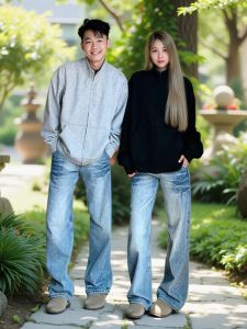 Light Blue Washed Straight Leg Mens Jeans Thunderbolt Autumn Winter American Style High Waist Slim Fit Bootcut Trousers