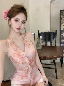 GUZILIAN | French Elegant Gentle Ruffle Hem Floral Print Halter Neck Strap Vest Women Pure Desirable Short V-neck Top Commute Style Slim Fit