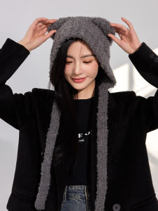 Cute Bear Knitted Hat Womens Autumn Winter New Style Face Slimming Large Head Circumference Versatile Warm Ear Protection Plush Hat