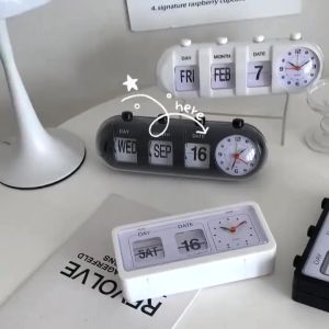 ins Retro Style Manual Page Turning Calendar Alarm Clock Digital Flip Day Date Time Display Seat Square Creative All-Match Tur