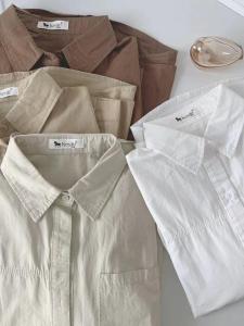 เสื้อเชิ้ตแขนยาวผู้หญิงผ้าฝ้ายแท้สีพื้นระดับไฮเอนด์ สไตล์เกาหลี ทรงหลวม ปกโปโล กระดุมหลายตัว คอกลม เสื้อเชิ้ตแฟชั่น