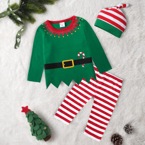 Christmas Outfit for Baby Boy Infant Xmas Green Elf Outfit Newborn Concert Costume Yellow Gingerbread Man Cartoon Long Sleeved Set with Santas Hat 3 Pcs