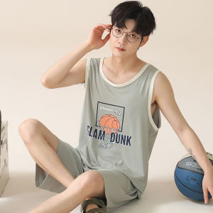 Miiow | Mens Ice Silk Sleepwear Summer New Style Cool Feeling Vest Loose Large Size Can Wear Outdoor Home Clothes Set Simple Design