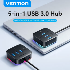Vention USB 3.2 Gen 1 Type C Extension HUB 5 Ports Multiple USB HUB Built-in RGB Ambient Light Adjustable with USB C Power Supply for Laptop Macbook PC Keyboard Mouse