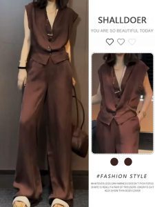 Shalldoer | ชุดสองชิ้นคอวีแขนกุดเอวสูง กางเกงขากว้าง ชุดทำงานฤดูร้อน แฟชั่นสำหรับผู้หญิง อายุ 25-35 ปี ไม่ซ้ำใคร