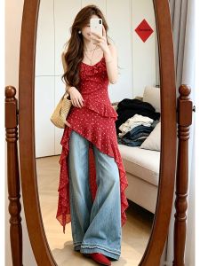 PEIZIXUAN | French Red Floral Halter Asymmetrical Long Dress