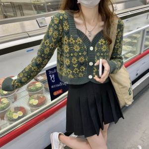 Retro Floral Short ถักเปิด คาร์ดิเกน ผู้หญิง ฤดูใบไม้ร่วง ฤดูหนาว New Square ปกเสื้อ เสื้อสเวตเตอร์ เสื้อแจ็คเก็ต ดีไซน์ Sensation เฉพาะกลุ่ม Top