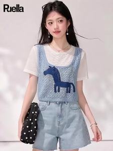 puella | Two-in-one Design Horse Printed Knit Top