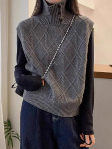 Áo Len Cổ Cao Không Tay Dệt Kim Bằng Lông Cừu Cổ Điển Áo Khoác Nữ Mùa Xuân 2024 Áo Sơ Mi Cơ Bản Đa Năng Áo Khoác Ngoài Thời Trang