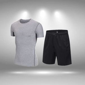 Mens Fitness Sweat Absorbent Quick Dry Breathable Training Running Short Sleeve Vest Set Basketball Sportswear Polyester