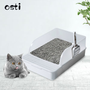 Osti Anti Spill Cat Toilet with Scoop Cat Litter Box Open Top Semi-enclosed Pet Toilet with Shield