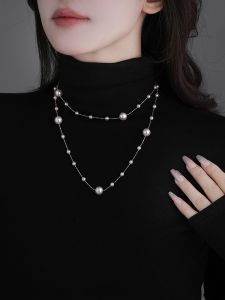 Elegant Long Double Layer Pearl Necklace Fashion High Neck Base Shirt Jewelry Alloy Plated Silver Gold out Korean Style