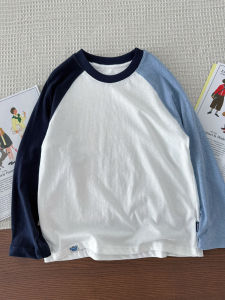 100% Slub Cotton Round Neck Long Sleeve Patchwork Raglan Sleeves Shirt