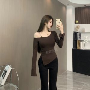 Slim Fit Long Sleeve T-Shirt Womens Early Autumn New Style Pure Desire Shoulder Design Hot Girl Base Shirt Inner Wear Top