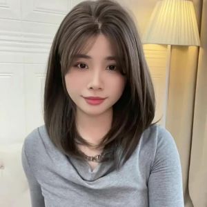 Shoulder Layered Synthetic Wig For Women Daily Use 16Inch Heat Resistant BOB Wig With Lace Front Brown Black Lolita Cosplay Wigs