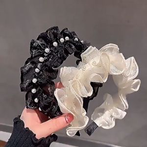 Cài tóc vải lưới màu trơn viền nhún bèo xếp nếp đính ngọc phong cách thanh lịch cho nữ