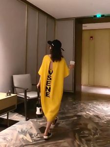 Ruige Summer Korean 100.00kg Chubby Girls Dress Womens Clothing Long Backless Loose Long Dress plus Size Short Sleeve Women T-shirt Skirt