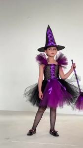 Girls Witch Halloween Costume Colorful Hot Pink Purple Tulle Tutu Dress With Hat Broom