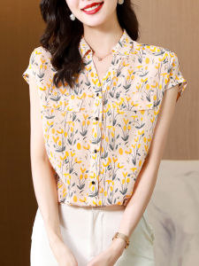 NVSHENJI | Silk Shirt Womens Short Sleeve Fashionable Printed Double Gauze Hangzhou Mulberry Silk Top Korean Style V-neck Breathable Thin