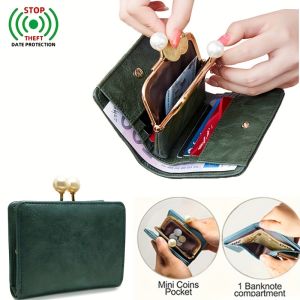2026 new retro womens short wallet pearl clip clutch bag fashionable and minimalist multi-functional three-fold coin purse