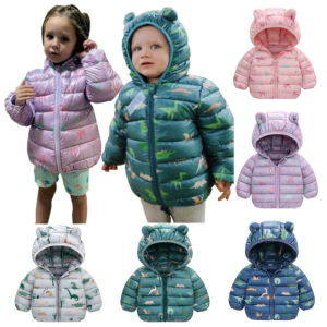 Lightweight Down Jackets Cartoon Dinosaur Hooded Outerwear Autumn Winter Kids Boys Girls Baby Coats Casual Clothing 1-5 Year Old