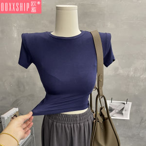 Basic round Neck Solid Color Short Sleeve T-Shirt Womens Korean Style Spring Summer Short Tight Base Layer Spicy Girl Top