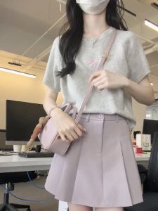 Grey Round Neck Butterfly Knot Embroidered Short Sleeve Ice Silk Knit Shirt Womens Summer Fashionable Chic Top