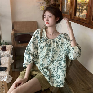 Summer Short Sleeve Sweet Style Floral Print Loose Fit Overhead Cotton Linen Doll Shirt Womens Premium Quality Top