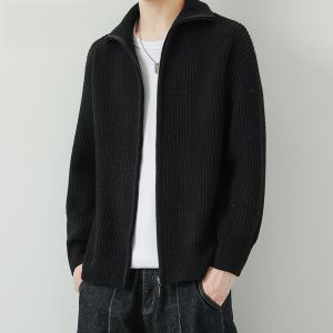 HENGYUANXIANG | Hengyuanxiang Black Zipper Knitted Cardigan Mens Casual Simple Wool Sweater Jacket Dad Style Spring Autumn Season Fashion