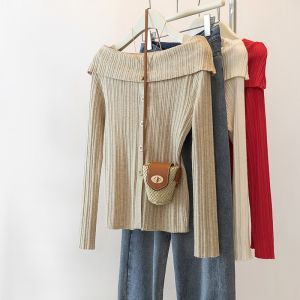 Red Knitted Slim Fit Sweater One Shoulder Design New Year Womens Fashion Commute Style Long Sleeve Crew Neck Top