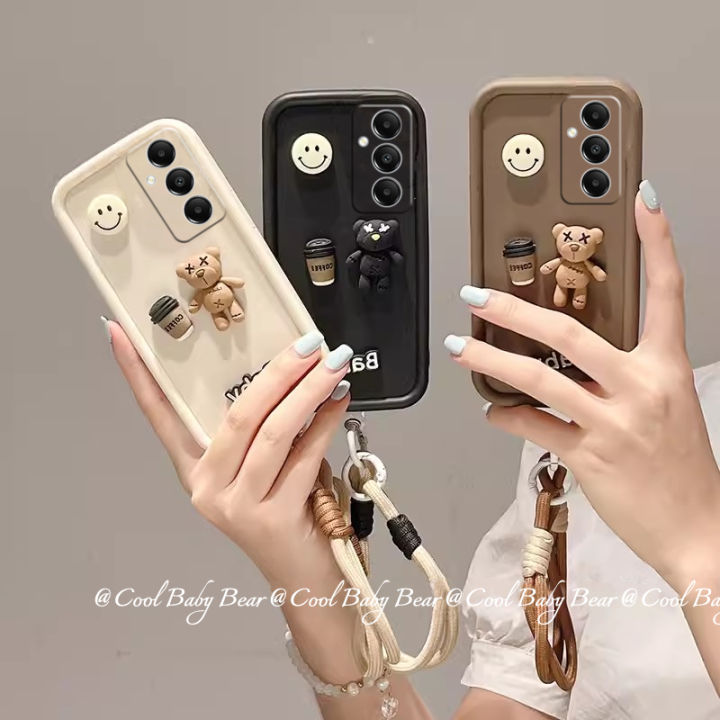 เคสโทรศัพท์ Samsung Galaxy S24 Ultra + Plus 5G 4G 3D ลายการ์ตูนเคสปกป้องเลนส์รูปหมียิ้มมีสไตล์ฝาครอบซิลิโคนนิ่มป้องกันการกระแทกพร้อมสายคล้อง2024