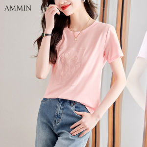 AMMIN ปกเสื้อโปโลแขนสั้นสำหรับผู้หญิงเสื้อเสื้อยืดลำลองปกเสื้อดีไซน์ตัวหนังสือแฟชั่นสไตล์ฤดูร้อนฤดูร้อน