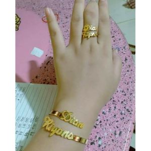 (BISA COD) PROMO! 1 SET GELANG DAN CINCIN NAMA GOLD TITANIUM FASHION WANITA INISIAL LAPIS EMAS