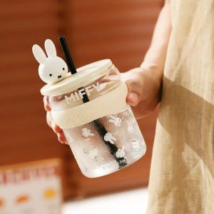 ​Miffy Kawaii Glass Cup with Straw Cute Cartoon Bunny Milk Coffee Juice Cup for Best Friends High Aesthetic Gift Double-Layer​
