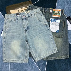 High-End Casual Mens Denim Shorts Summer Vintage Straight Leg Five-Quarter American Style Worn-In Trendy Cotton Stretch Jeans