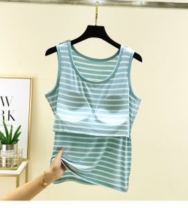 Summer Thin Stripe Pad Vest Womens Sleeveless T-shirt Large Size No Bra Modal Home Strap Top Lightweight Breathable Casual