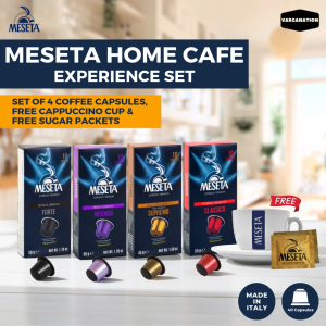Meseta Coffee Lover Set – 4 Coffee Capsule Flavors with Cup & Saucer + Brown Sugar Packets - Varganation