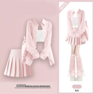 Anti-Aging Summer Outfit Womens Elegant Sun Protection Inner Wear Pink Slimming Pleated Mini Skirt Three-Piece Set