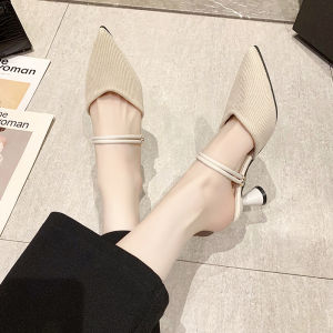 French Style Pointed Toe Knitted Slip-On Shoes Womens Summer Outdoor Wear 2026 New Lazy High Heel Semi-Slipper Breathable