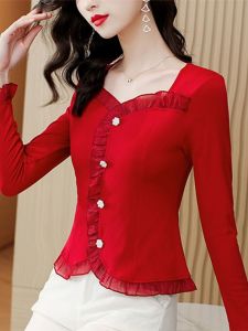 Slim Fit Long Sleeve Base Shirt Fashionable Ladies Top Elegant Feel Autumn New Style Commute Style Pure Color Viscose Fiber
