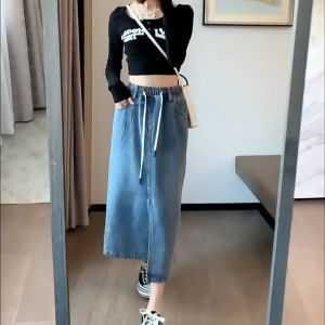 Plus Size Long skirt women korean blue strappy denim skirt Washed Side slit Midi Denim Skirt High Waist Long A-line fishtail office hot Skirt fashion NEW 2024