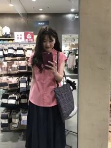 QINWEIYU | Dopamine Pink Short Sleeve Lightweight French Style Blouse