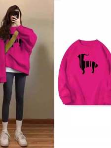 เสื้อฮู้ดคอกลมผ้าฝ้ายแท้สีม่วงสำหรับผู้หญิง ฤดูใบไม้ร่วง/ฤดูหนาว เสื้อเชิ้ตทรงหลวมแบบอเมริกัน ความหนาแน่นของ Dopaminergic แฟชั่น