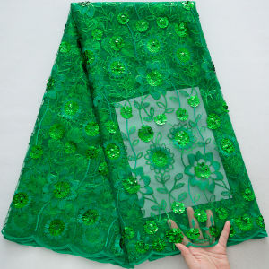 Emerald Green African Mesh Tulle Lace Fabric With Sequins and 3D Floral Embroidery For Wedding Dress Evening Gown DIY