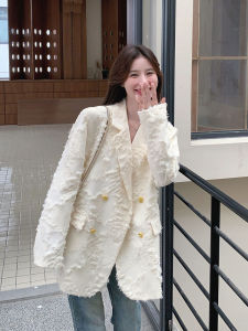 เสื้อสูทสีขาวสำหรับผู้หญิง ทรงเข้ารูป สไตล์ฤดูใบไม้ผลิและฤดูใบไม้ร่วง แขนยาว ปกสูท เสื้อคลุมผู้หญิงระดับไฮเอนด์