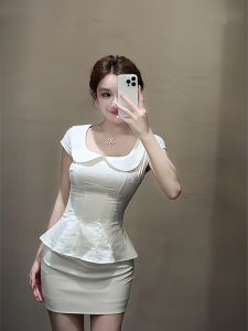 NINGXI | Sweet French Baby Collar Slimming T-shirt & High Waist A-line Skirt Set