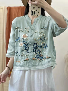 LUCKIN STORE Top for Women Cotton Embroidered T-shirt for Womens Summer 2025 New Loose Size Slim V-neck Strap Bubble Half long Sleeve Blouse Blouse Women 新年衣服2025 Hanfu women chinese 红色上衣女 cny top