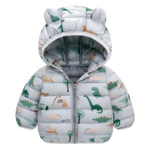 Lightweight Down Jackets Cartoon Dinosaur Hooded Outerwear Autumn Winter Kids Boys Girls Baby Coats Casual Clothing 1-5 Year Old