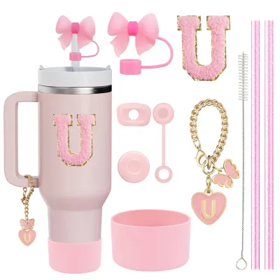 10PCS Accessories Set for Stanley Cup 2 Straw and Brush and 1 Flower Charm Chain 3 Spill Proof Stopper Flowers Straw Cover Boot